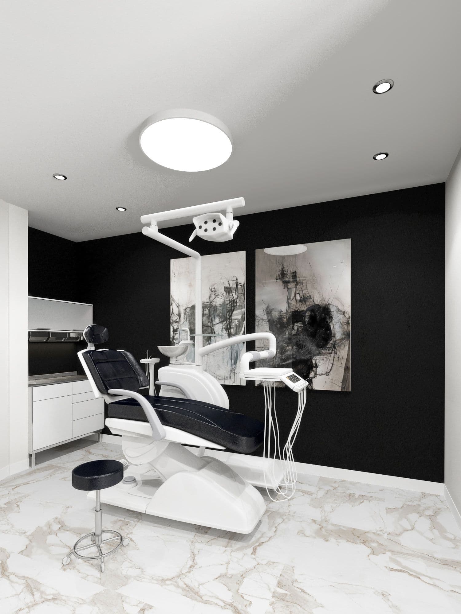 Строгий современный дизайн стоматологии, кабинета, в черно белом цвете с мраморным полом, вид 1