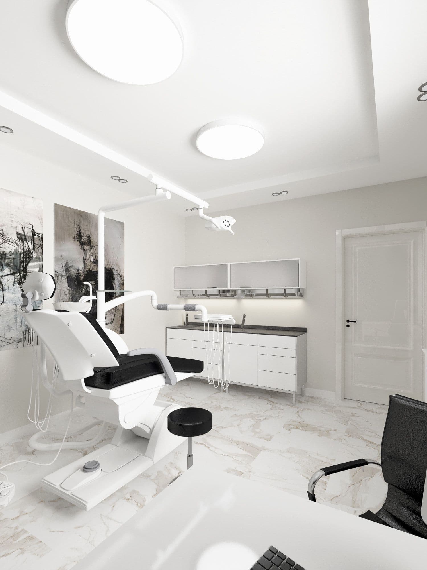 Строгий современный дизайн стоматологии, кабинета, в черно белом цвете с мраморным полом, вид 2