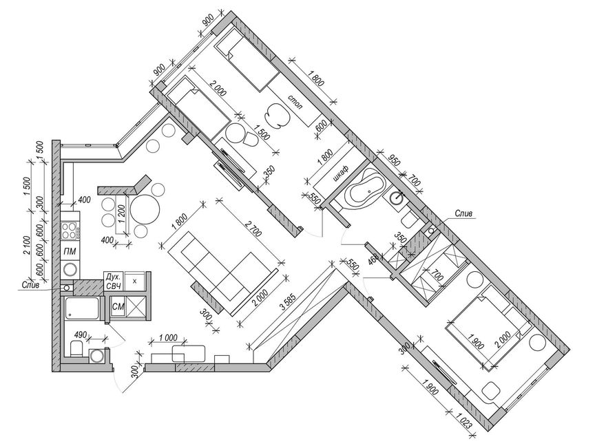 Планировка трехкомнатной квартиры в ЖК Ильинский с объединенной лоджией, детской и двумя санузлами