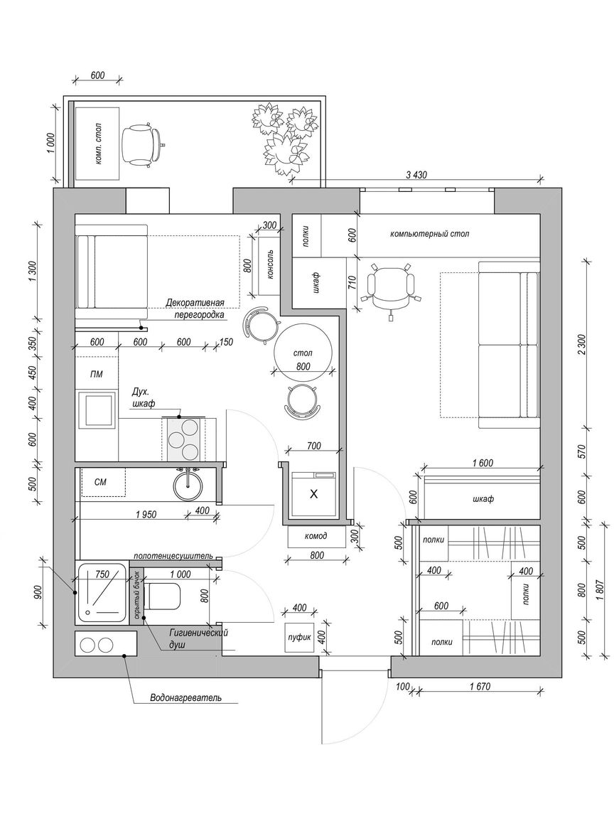 Планировка однокомнатной квартиры в ЖК Позитив, с диваном на кухне, объединенной лоджией, отдельной спальней, гардеробной, отдельным туалетом
