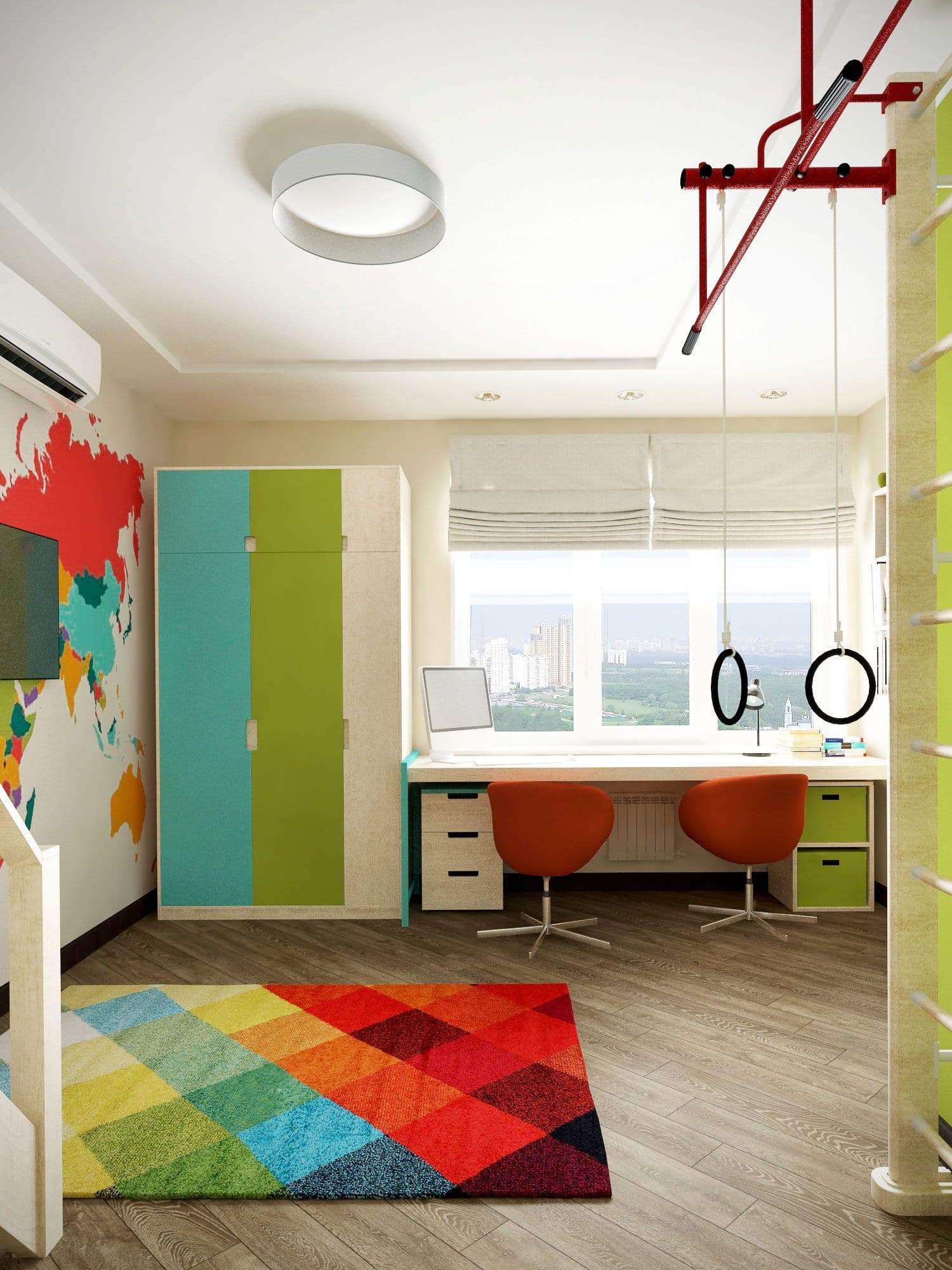 Дизайн детской для мальчиков с яркими стенами, с обоями с рисунком, двухъярусной кроватью, диваном, компьютерным столом, картой мира, в современном стиле в зеленых тонах, вид 3