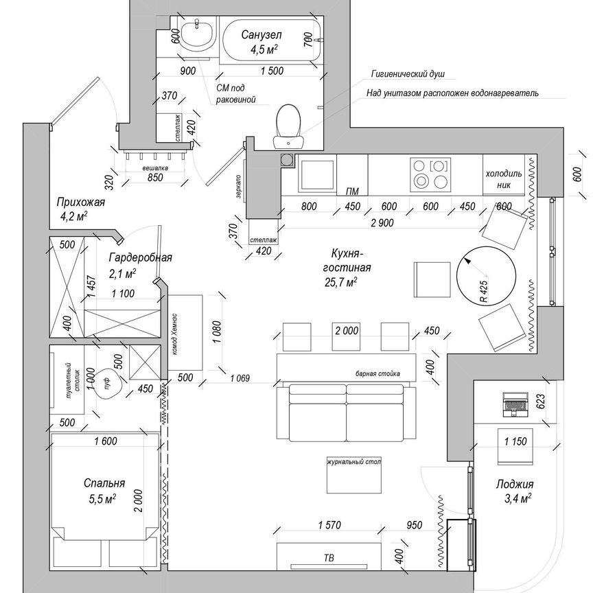 Планировка однокомнатной квартиры в ЖК Лазурный с спальней в нише, гардеробной и кабинетом на лоджии