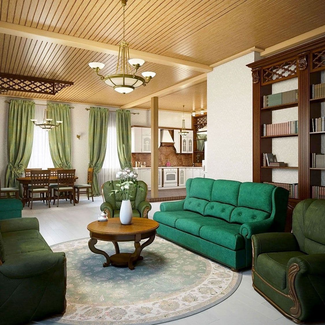 Интерьер гостиной дома в классическом русском стиле с камином, большим книжным шкафом, в зеленых тонах, с деревянным потолком, вид 2