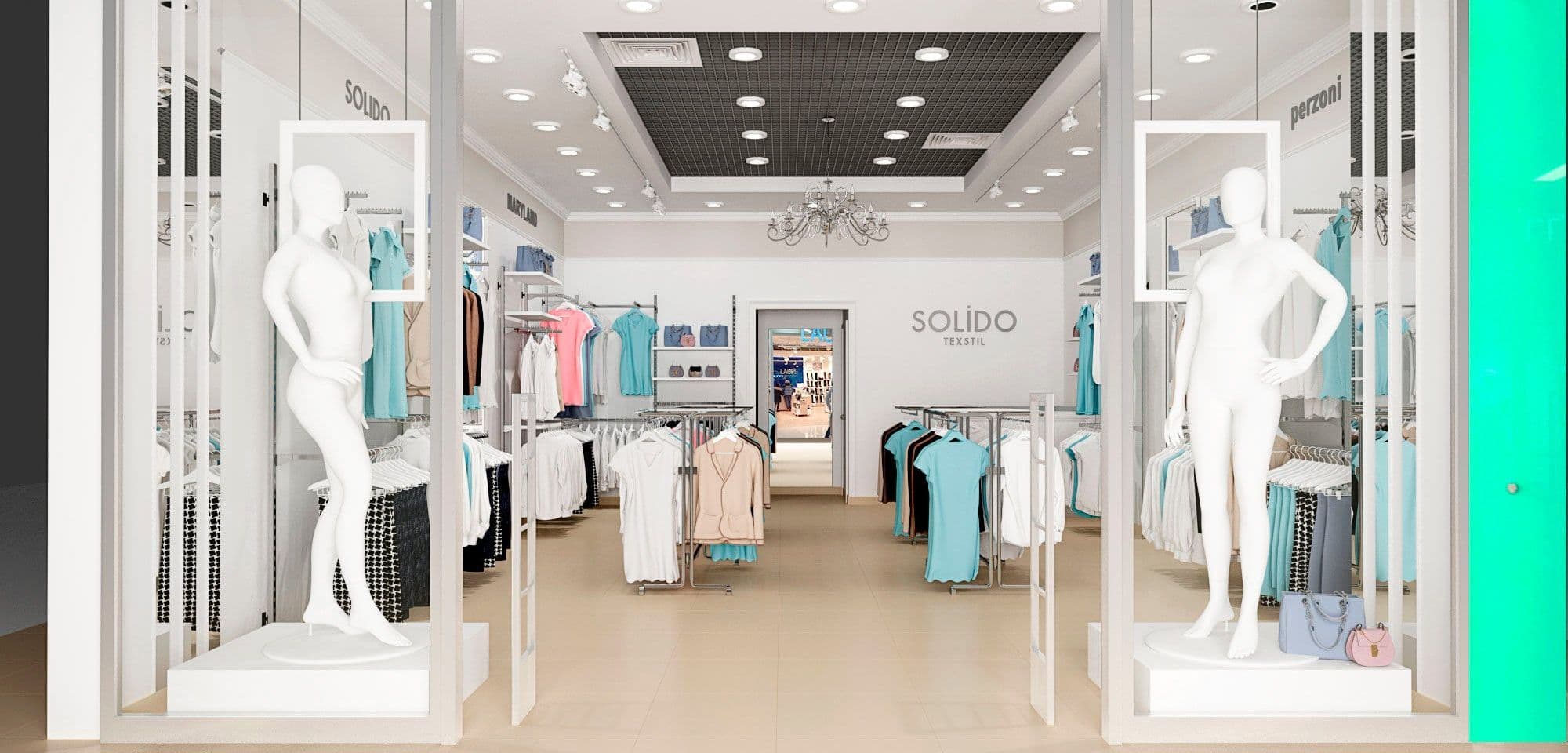 Дизайн магазина одежды в ТЦ Тау Галерея в легком классическом стиле, в светлых тонах, с большой люстрой и зеркалами, вид со стороны витрины