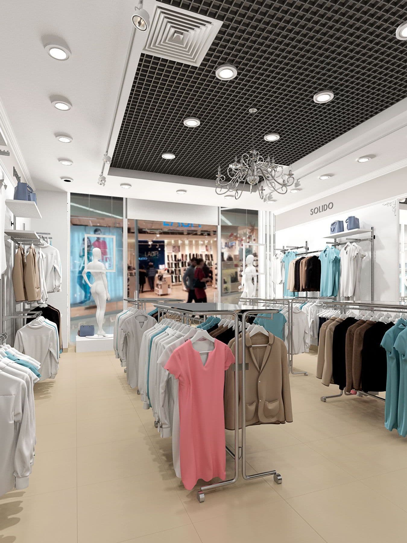 Дизайн магазина одежды в ТЦ Тау Галерея в легком классическом стиле, в светлых тонах, с большой люстрой и зеркалами, вид со стороны витрины, общий вид 3