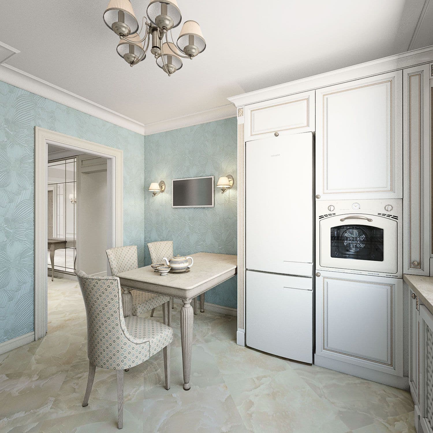Дизайн кухни в белом цвете с голубыми стенами, фартуком из мозаики, рабочим подоконником, французскими шторами, обеденным столом, вид 2