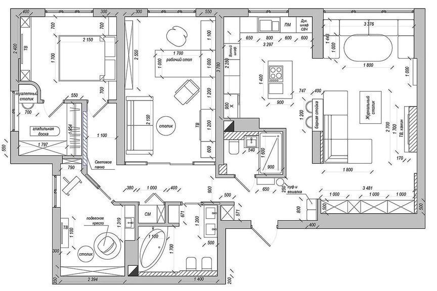 Дизайн проект расстановки мебели трехкомнатной квартиры в ЖК Царицынский
