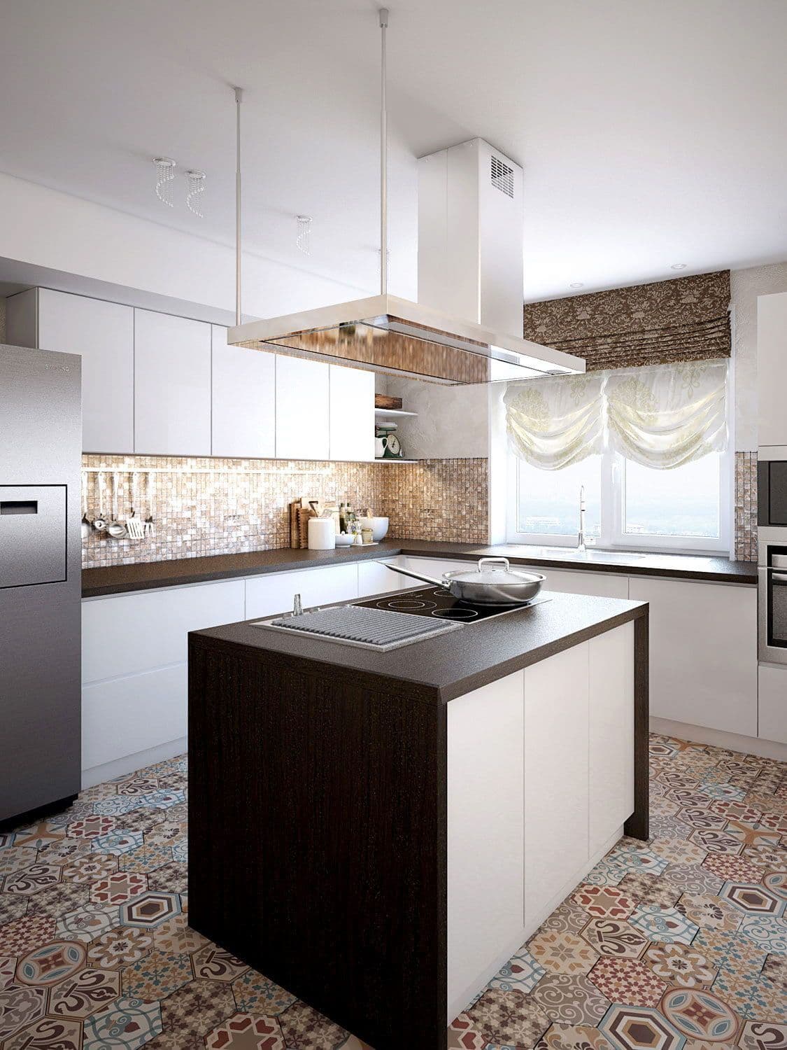 Современный дизайн кухни с островом в бежевом цвете в стиле фьюжн, с фартуком из мозаики, раковиной у окна