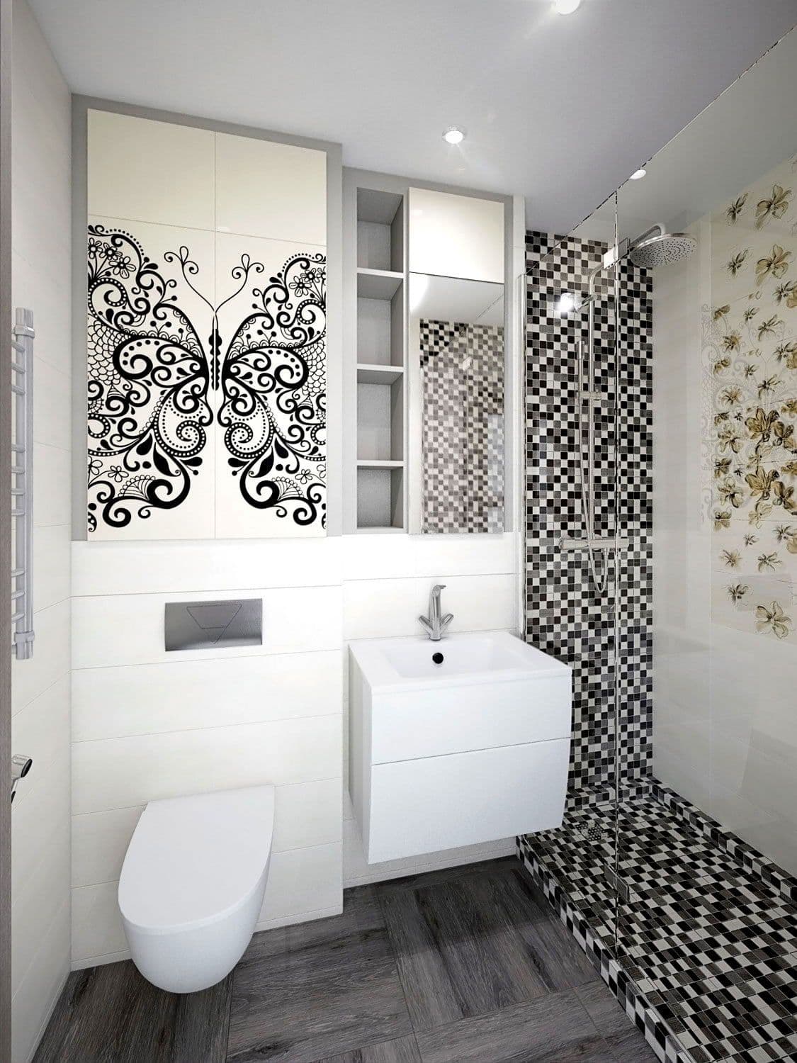 Дизайн ванной с душем в бежевом цвете с вставками из мозаики, с фотопечатью на фасаде