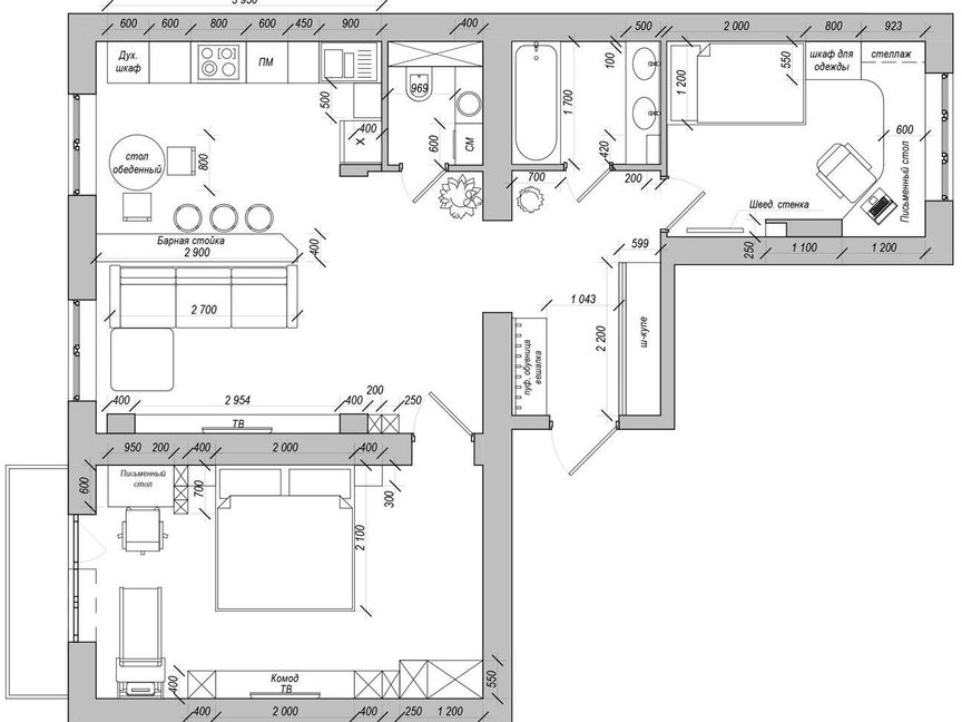 Планировка трехкомнатной квартиры с объединенной кухней и гостиной и двумя санузлами
