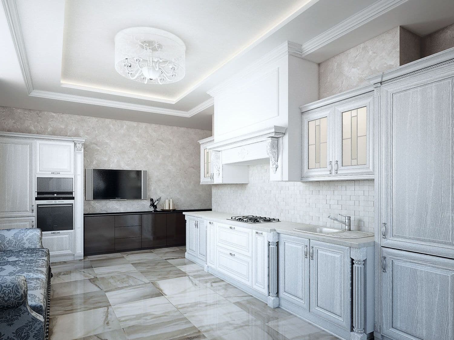 Дизайн белой кухни в современном классическом стиле в светлых серых тонах, с глянцевой плиткой под оникс и мрамор