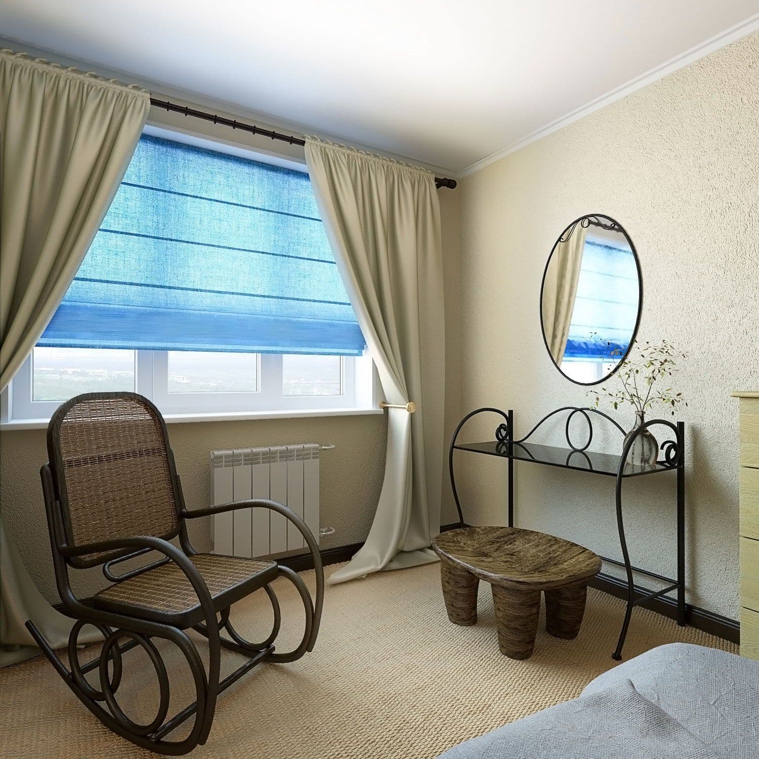 Современный бежевый интерьер спальни с кованым макияжным столиком, мебелью из ротанга, креслом-качалкой, ковролином