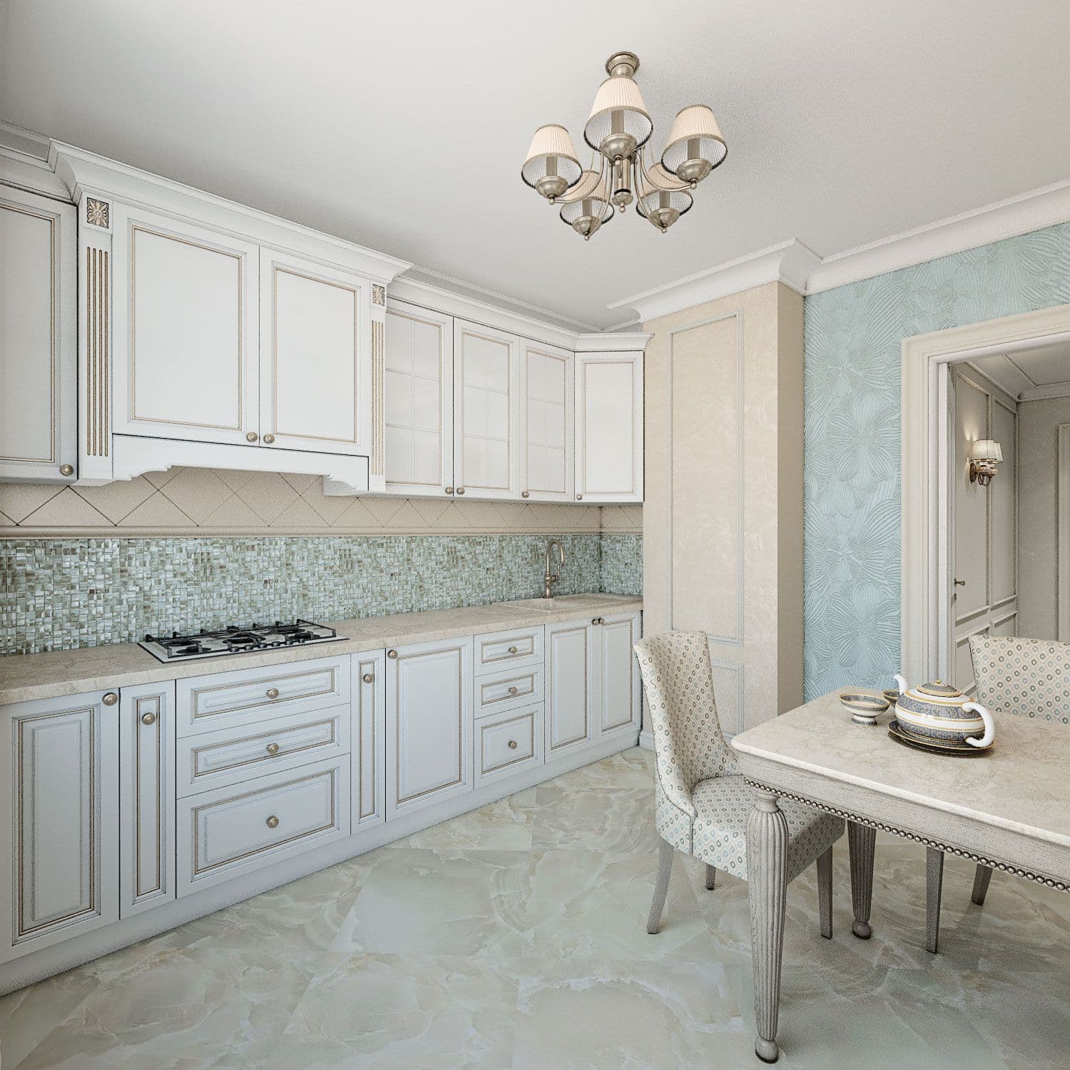 Дизайн кухни в белом цвете с голубыми стенами, фартуком из мозаики, рабочим подоконником, французскими шторами, обеденным столом, вид 3