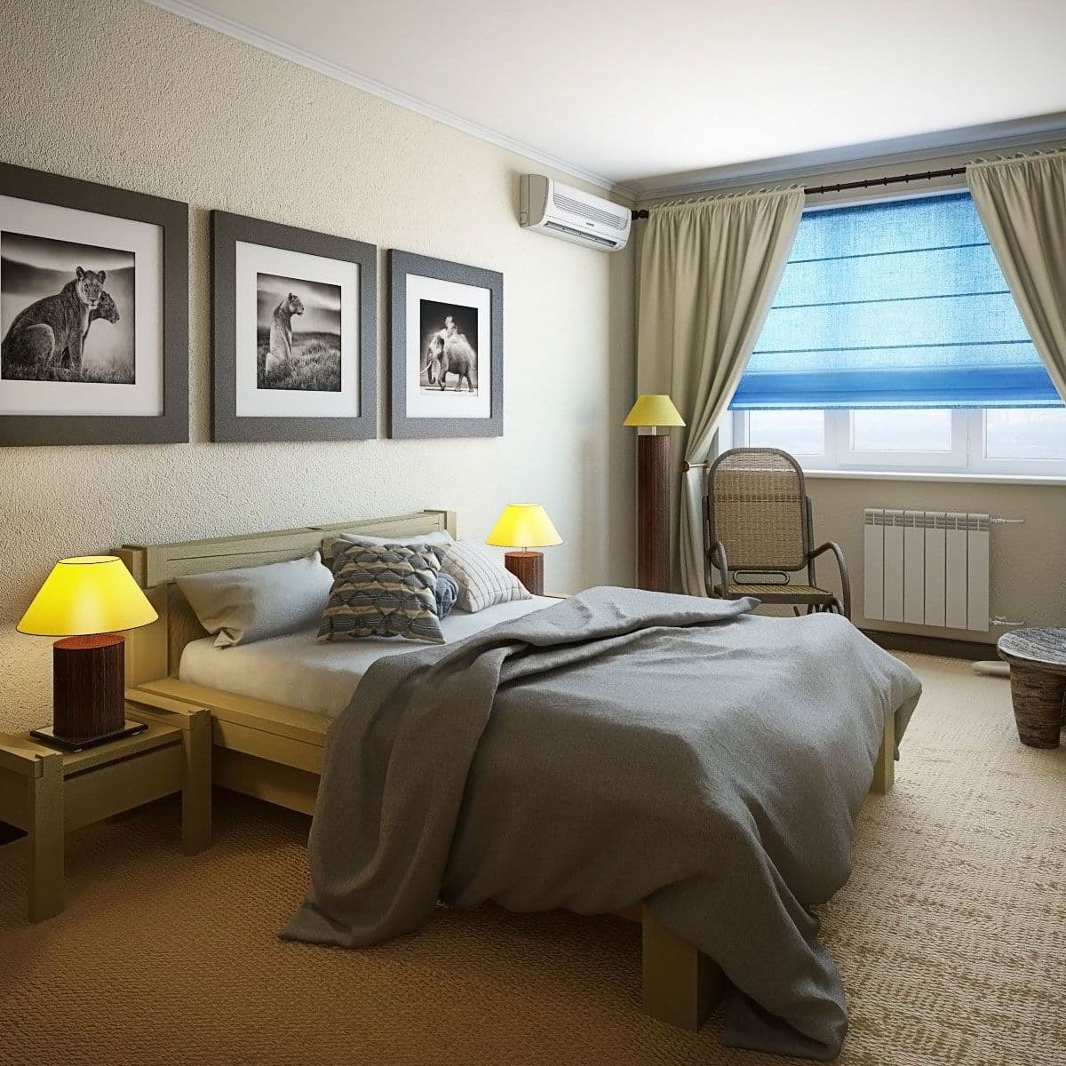 Современный интерьер спальни с бежевыми стенами, ковролином, большими постерами над кроватью