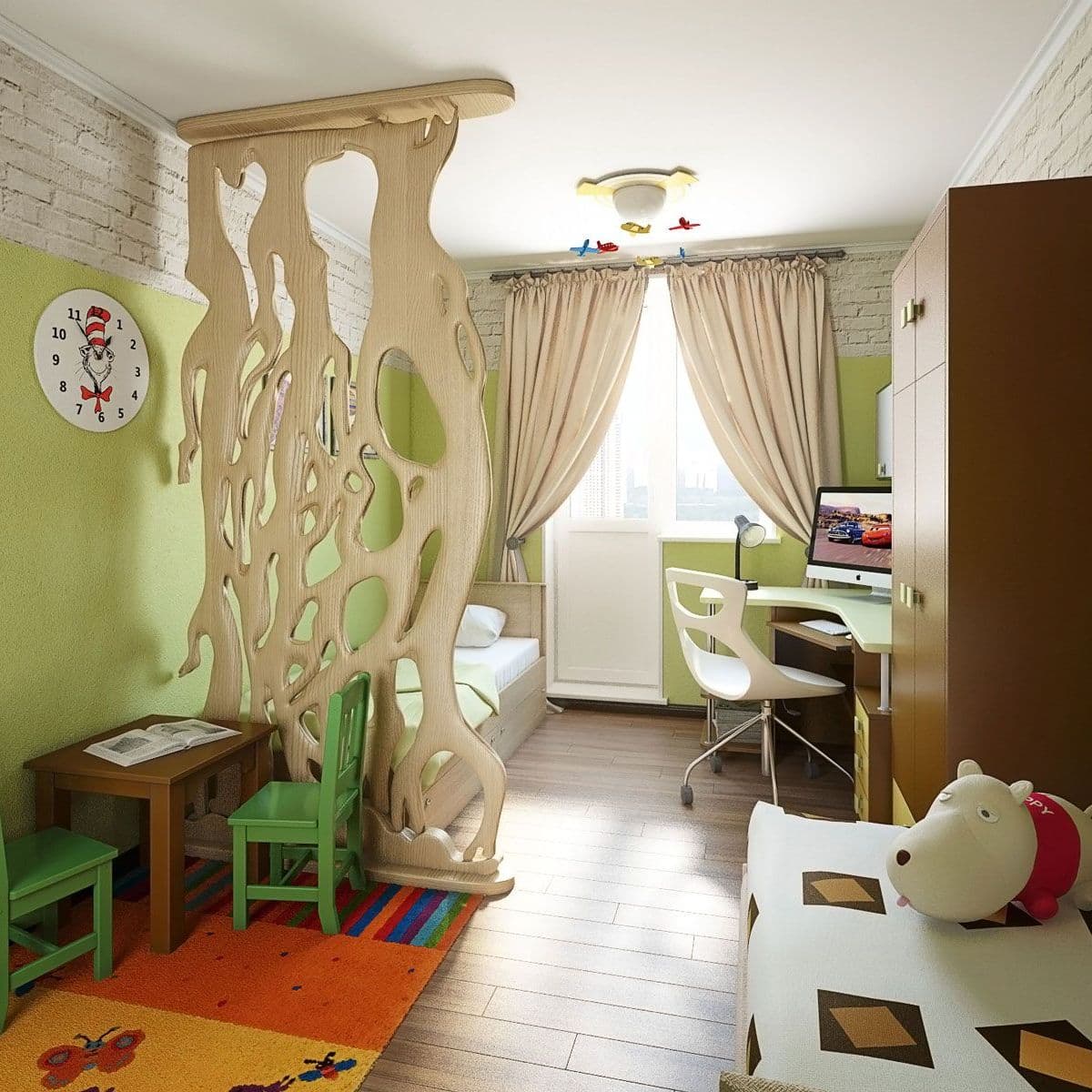 Интерьер детской для двух мальчиков с декоративной перегородкой, рабочим местом, игровой зоной, в зеленом цвете