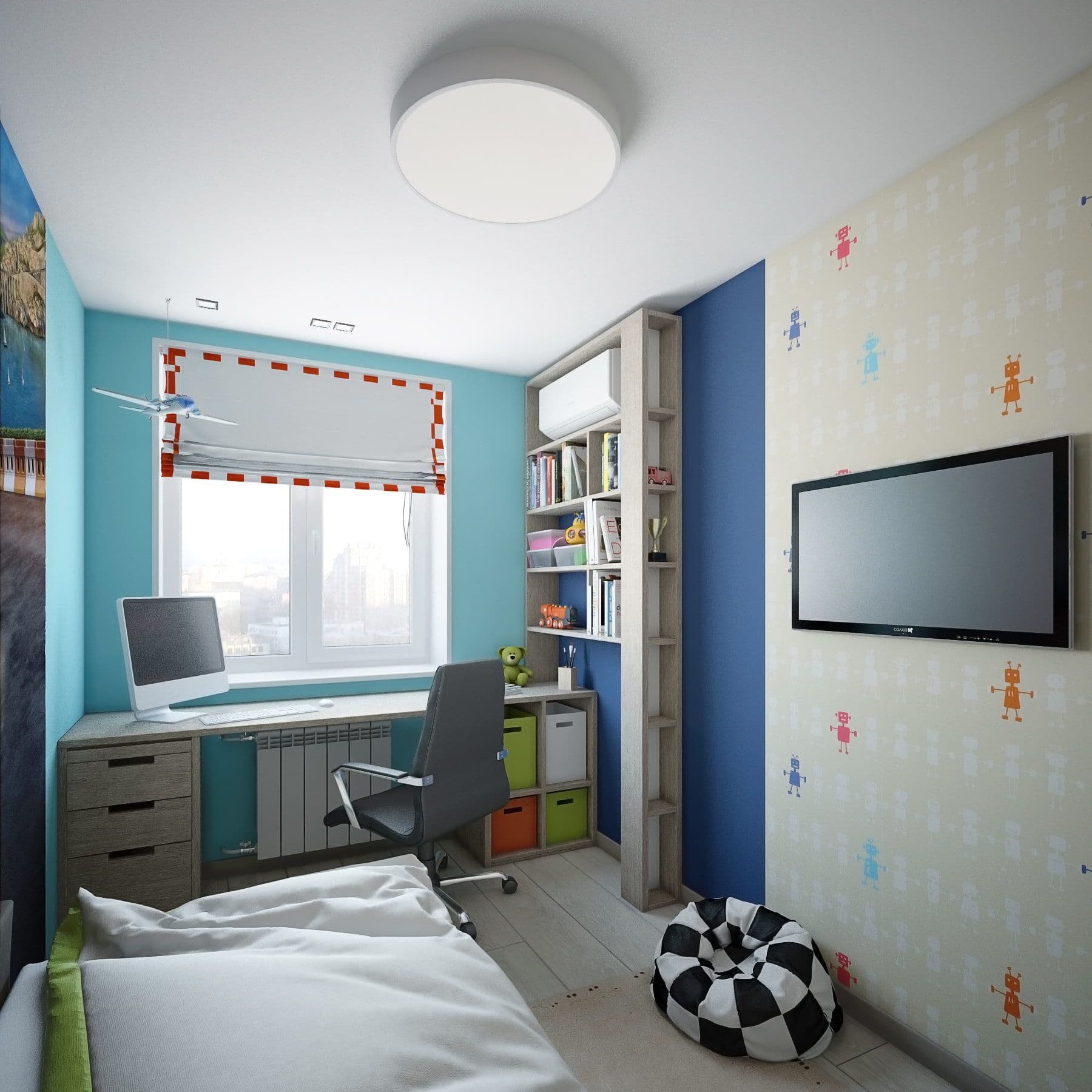 Дизайн детской комнаты для мальчика с фотообоями, в современном стиле, с компьютерным столом вдоль окна, стеллажом, обоями с рисунком, вид 2
