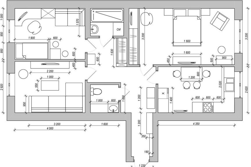 План расстановки мебели трехкомнатной квартиры