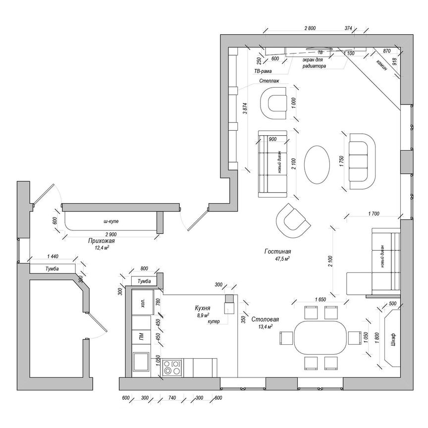 Дизайн проект расстановки мебели кухни гостиной загородного дома