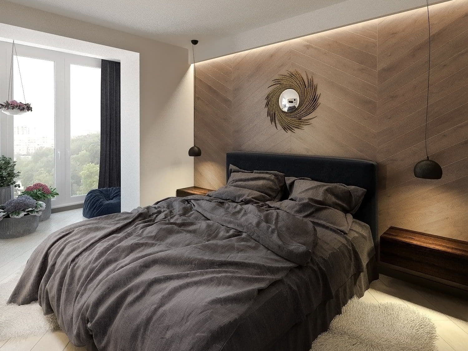 Дизайн интерьера спальни с деревянным панно в изголовье, темно синей кроватью в современном стиле в коричнево бежевых оттенках, с объединенной лоджией