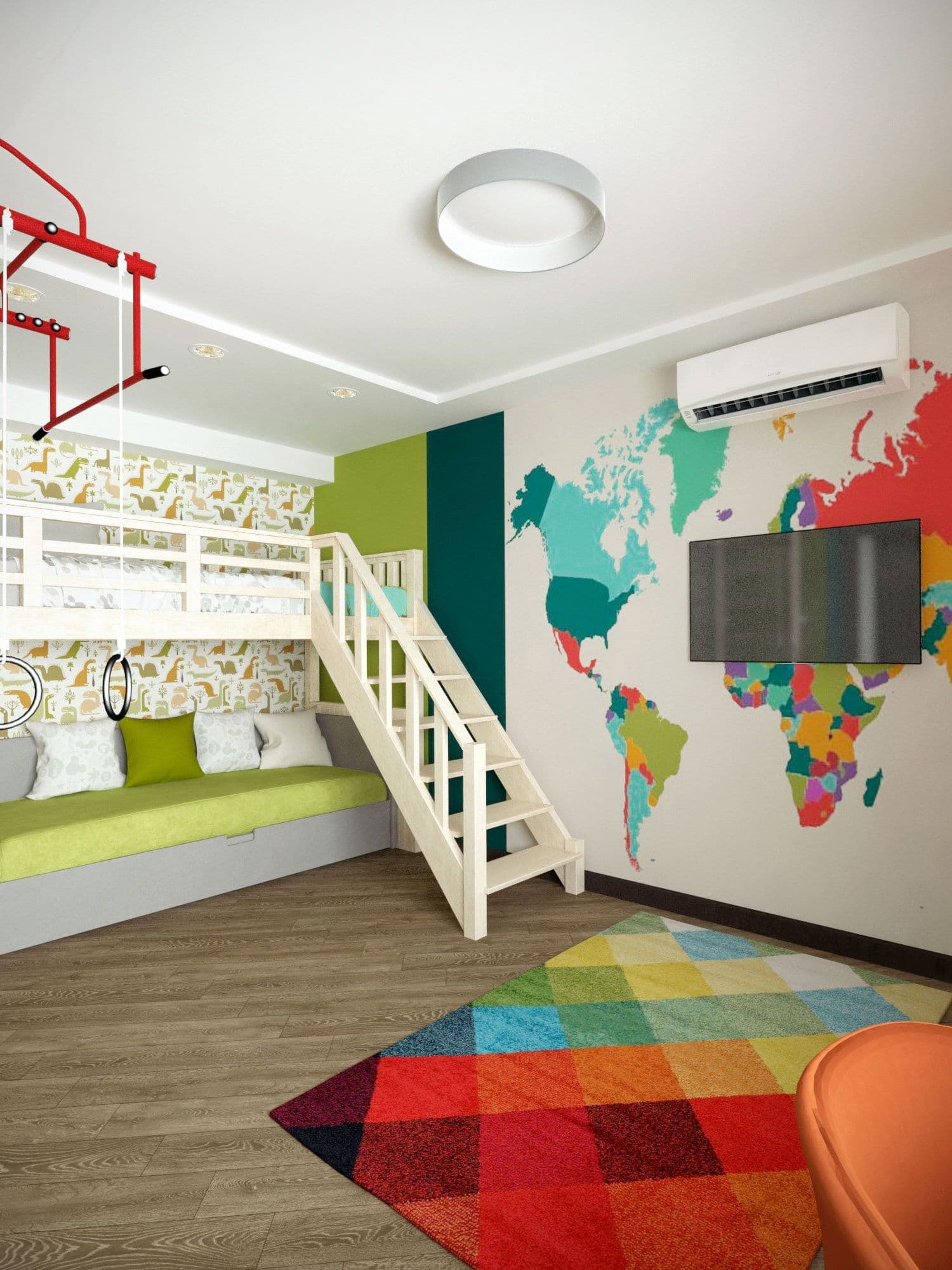 Дизайн детской для мальчиков с яркими стенами, с обоями с рисунком, двухъярусной кроватью, диваном, компьютерным столом, картой мира, в современном стиле в зеленых тонах, вид 2 