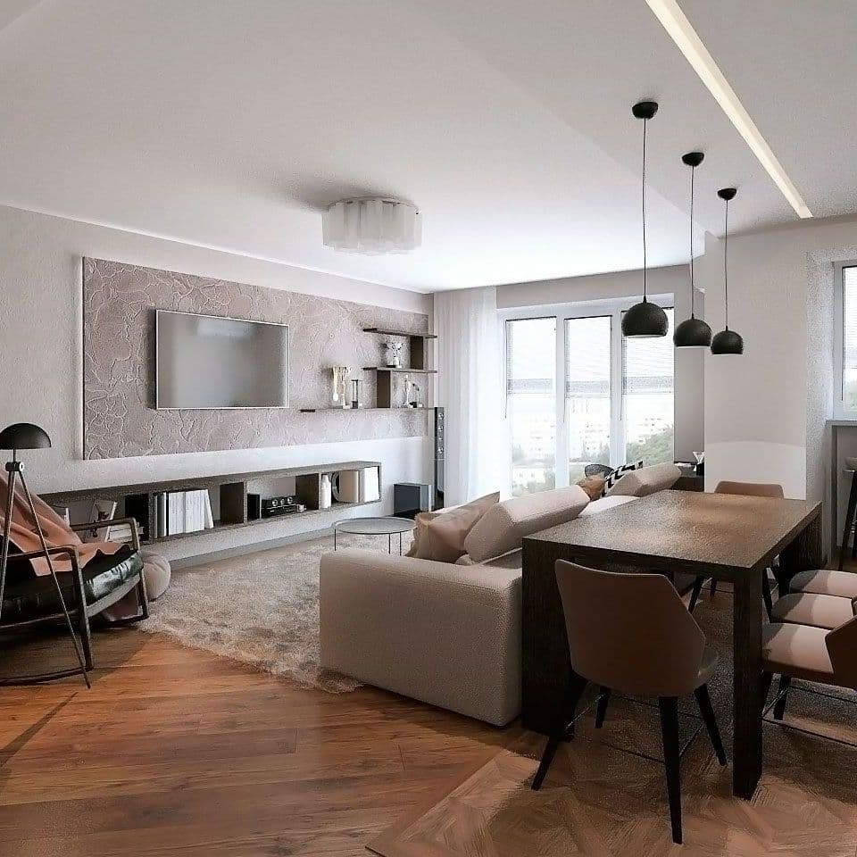 Дизайн интерьера кухни гостиной с угловым диваном, креслом, обеденным столом в современном стиле в коричнево бежевых оттенках