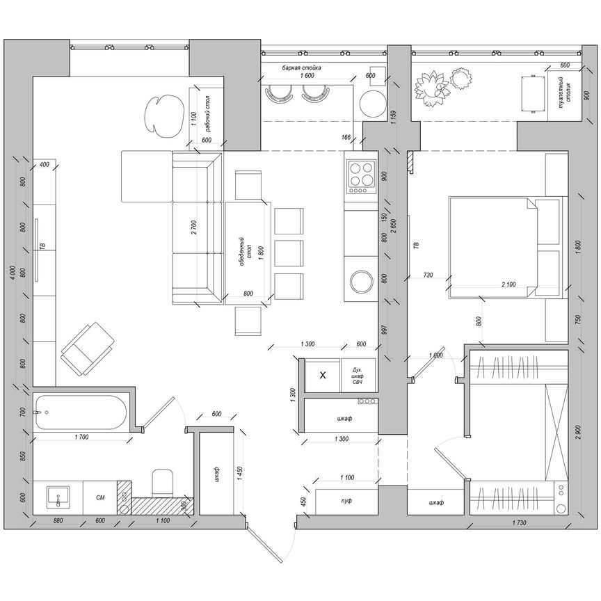 Планировка двухкомнатной квартиры в ЖК Лесная Республика с объединенной кухней и гостиной