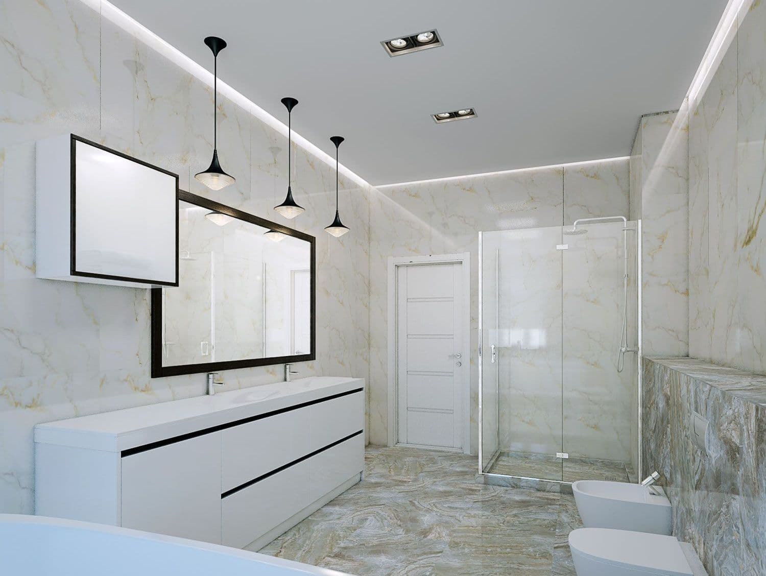 Дизайн ванной комнаты с унитазом, биде, двойной раковиной, белой мебелью, ванной на подиуме, душем со стеклянной перегородкой, плиткой под мрамор, декоративной подсветкой, вид 2