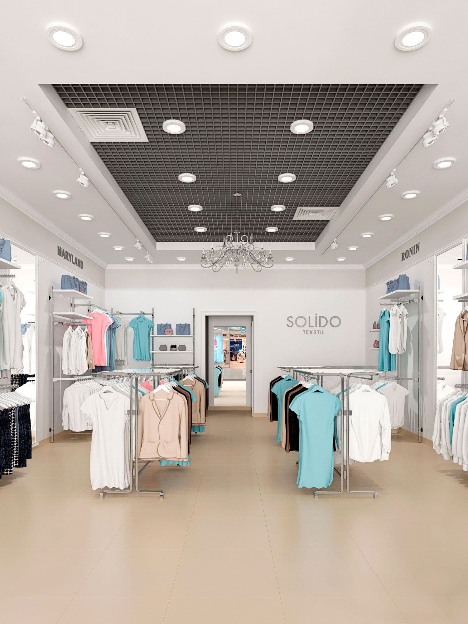 Дизайн магазина одежды в ТЦ Тау Галерея в легком классическом стиле, в светлых тонах, с большой люстрой и зеркалами, вид со стороны витрины, общий вид 1