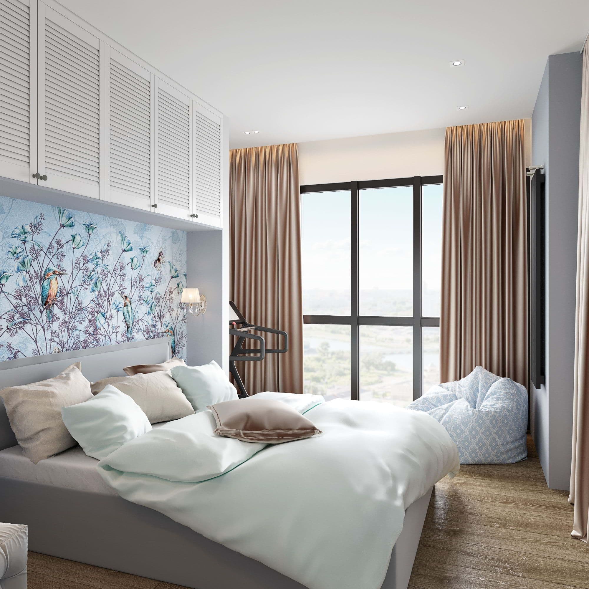 Дизайн спальни в современном стиле с белой кроватью, мягким изголовьем, декоративной штукатуркой,  с макияжным столиком, гипсовыми панелями, в светлых теплых бежевых тонах, вид 2