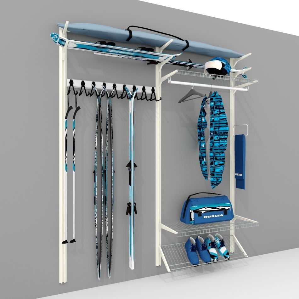 Система хранения гаража, кладовой, гардеробной на белом металлическом профиле с держателями и полками. Мебель на заказ