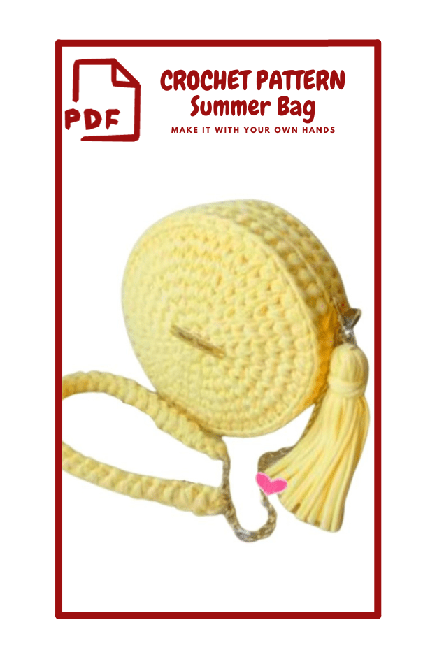 The image shows a crochet pattern for a summer bag. The bag is round and crocheted in a light yellow color. It features a long strap made of the same material and color, and a large tassel attached to the side. The background of the image is white with a red border. At the top, there is text that reads "PDF CROCHET PATTERN Summer Bag MAKE IT WITH YOUR OWN HANDS" in red letters.   ___  PDF  CROChЕТ PATTERN Summer Bag MAKE IT WITh YOUR OWN haNDS