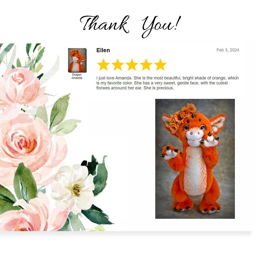 The image features an adorable plush creature with a vibrant orange coat. It has a whimsical design, showcasing a combination of dragon and cat-like features. The creature has large, expressive blue eyes and a friendly smile, adding to its charm.   On its head, there's a decorative arrangement of artificial flowers, enhancing its playful and enchanting appearance. Its paws are adorned with distinct claws, and its body displays a mix of textures, with soft fur and a lighter, patterned belly. The overall presentation radiates a sense of joy and fantasy, inviting viewers to engage with its delightful character.