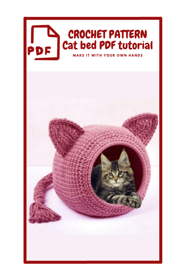 The image shows a crochet pattern advertisement for a cat bed. The bed is shaped like a ball with cat ears and a tail, and it is made from pink yarn. A cat is sitting inside the bed, looking out. The text at the top reads: "CROCHET PATTERN PDF PATTERN - MORE THAN 50 PHOTOS OF THE PROCESS STEP BY STEP." On the right side, there is a pink flower-shaped graphic with the word "English" written inside it.  CROChЕТ PATTERN PDF PATTERN- MORE ThaN 50 PhOTOS OF ThE PROCESS STEP BY STEP  English  animal,, felidae, small to medium-sized cats, cat