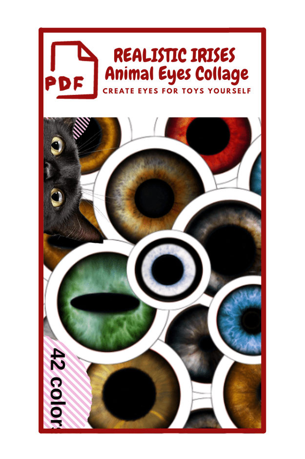 The image is a cover for a PDF titled "REALISTIC IRISES Animal Eyes Collage." The subtitle reads "CREATE EYES FOR TOYS YOURSELF." The design features a collage of various realistic animal irises in different colors, such as blue, green, brown, and red. In the top left corner, there is a small illustration of a black cat peeking out. On the left side, there is text that says "42 Colors" on a pink and white striped background.