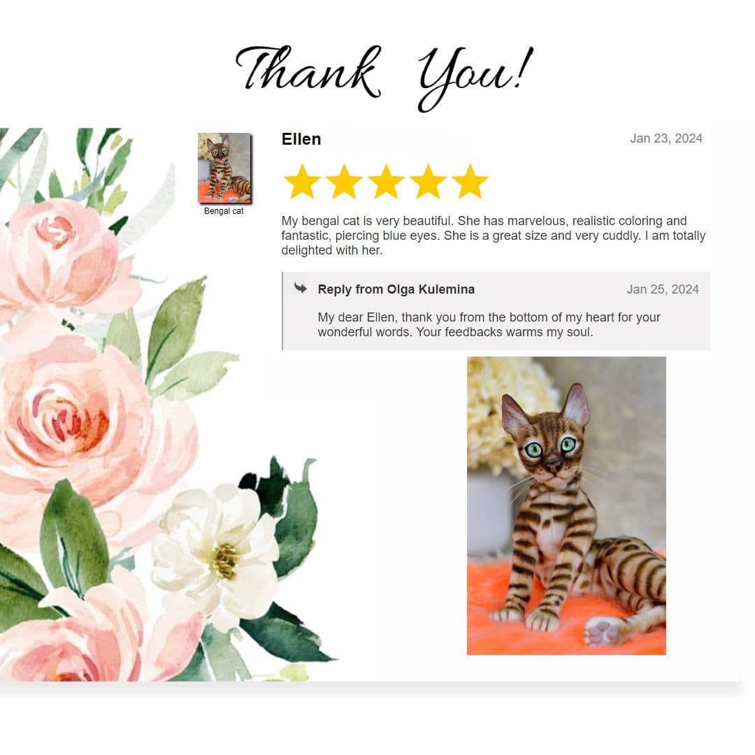 The handmade Bengal cat is a delightful product that shows intricate details and bright colors, skillfully emphasizing its unique design and craftsmanship. Made of soft, carefully selected materials, it is ideal for collectors. Its charming appearance gives originality to any collection of a passionate, soft sculpture person.