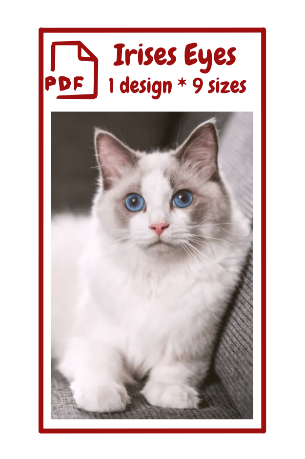 The image shows with a picture of a fluffy white and gray cat with striking blue eyes. The cat is sitting on a gray surface, looking directly at the camera. Above the cat's picture, there is text that reads: "PDF Irises Eyes 1 design * 9 sizes". The text is in a bold, red font, and there is a red border around the entire flyer.  Irises Eyes  *  PDF 1 design 9 sizes   mammal, cat, animal, domestic cat, small to medium-sized cats, whiskers, felidae, malayan cat, ojos azules. a cat with blue eyes.