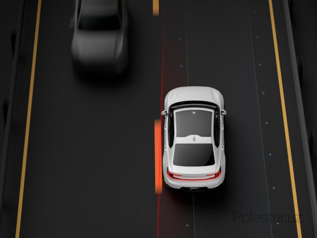 Визуализация системы Pilot assist. Белый автомобиль, движущийся по дороге, который замечает, что нужно перестроиться на полосу движения